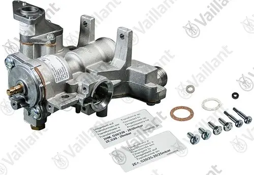 Vaillant Gasarmatur aus Metall mit mehreren Anschlüssen und Montageschrauben. Zubehörteile wie Dichtungen und Informationstafeln sind ebenfalls vorhanden.
